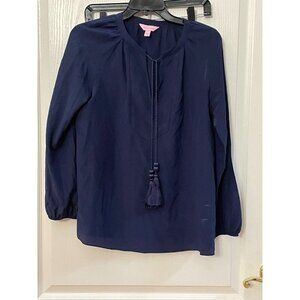 Lilly Pulitzer Saria Blue 100% Silk Tassel Shirt Size Small
